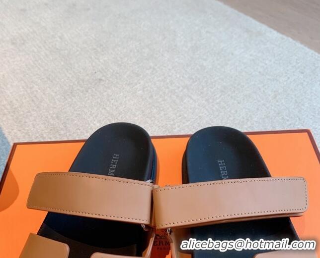 Good Quality Hermes Chypre Flat Sandals in Smooth Calfskin Brown/Black 425179