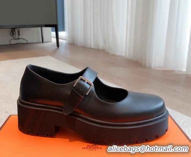 Grade Quality Hermes Platform Mary Janes Loafers in Calfskin Black 425180