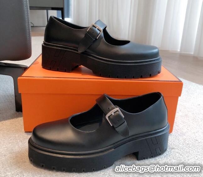 Grade Quality Hermes Platform Mary Janes Loafers in Calfskin Black 425180