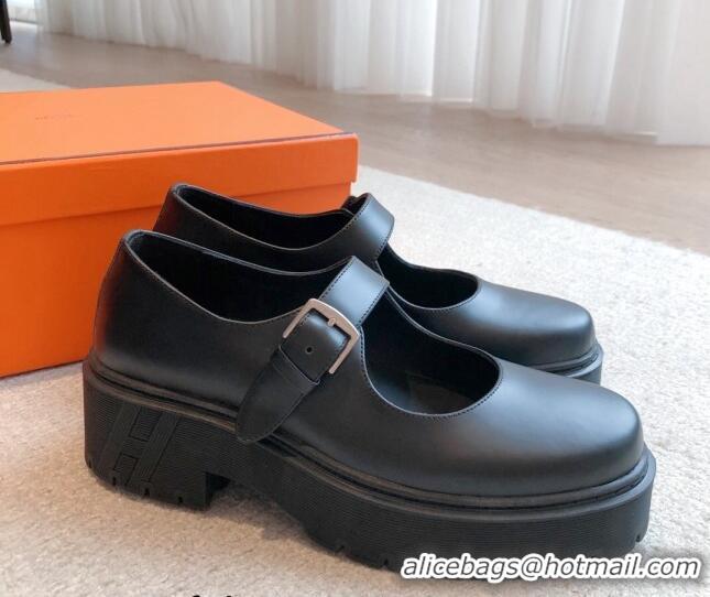 Grade Quality Hermes Platform Mary Janes Loafers in Calfskin Black 425180