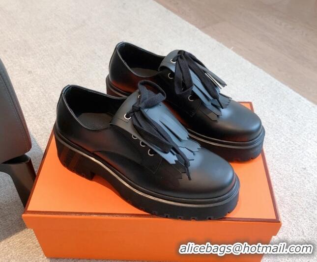 Unique Style Hermes Platform Lace-ups in Calfskin with Fringe Black 425181