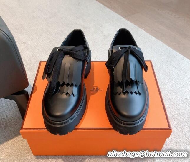 Unique Style Hermes Platform Lace-ups in Calfskin with Fringe Black 425181