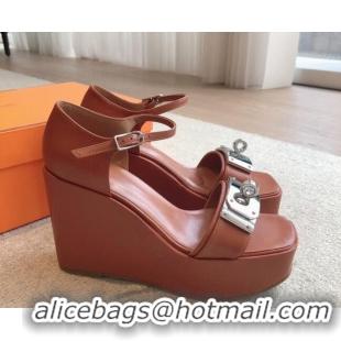 Sumptuous Hermes Hilda Calfskin Wedge Sandals with Kelly Buckle Brown 425187