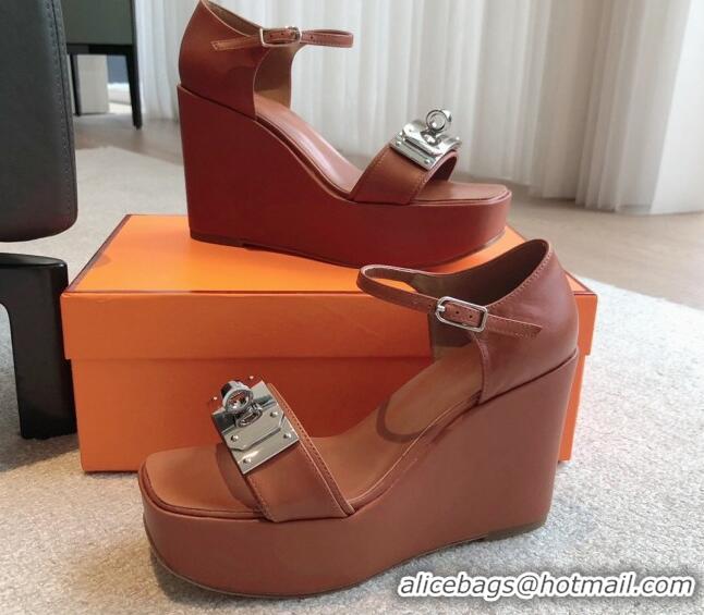 Sumptuous Hermes Hilda Calfskin Wedge Sandals with Kelly Buckle Brown 425187