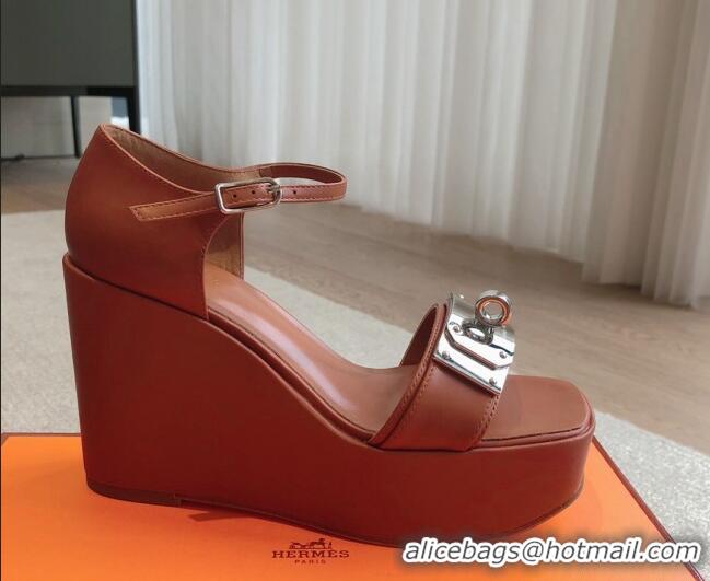 Sumptuous Hermes Hilda Calfskin Wedge Sandals with Kelly Buckle Brown 425187