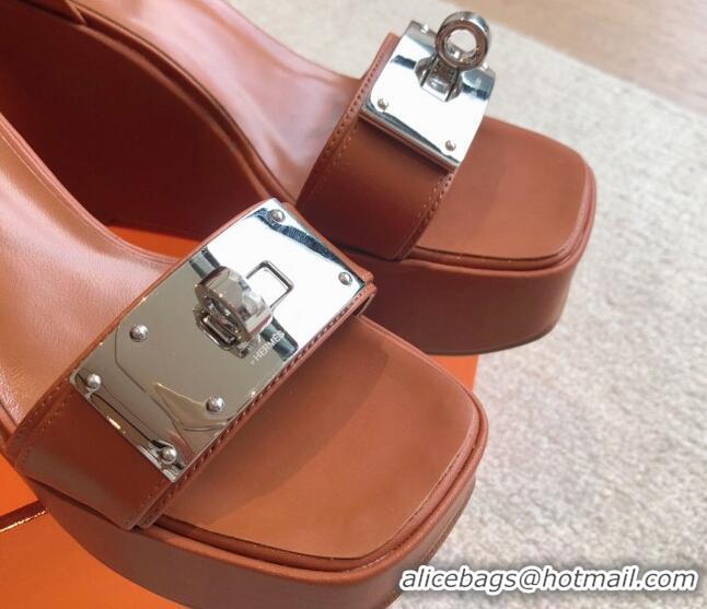 Sumptuous Hermes Hilda Calfskin Wedge Sandals with Kelly Buckle Brown 425187