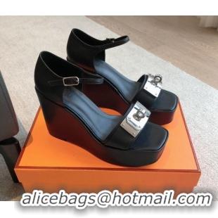 Purchase Hermes Hilda Calfskin Wedge Sandals with Kelly Buckle Black 425186