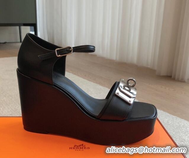 Purchase Hermes Hilda Calfskin Wedge Sandals with Kelly Buckle Black 425186