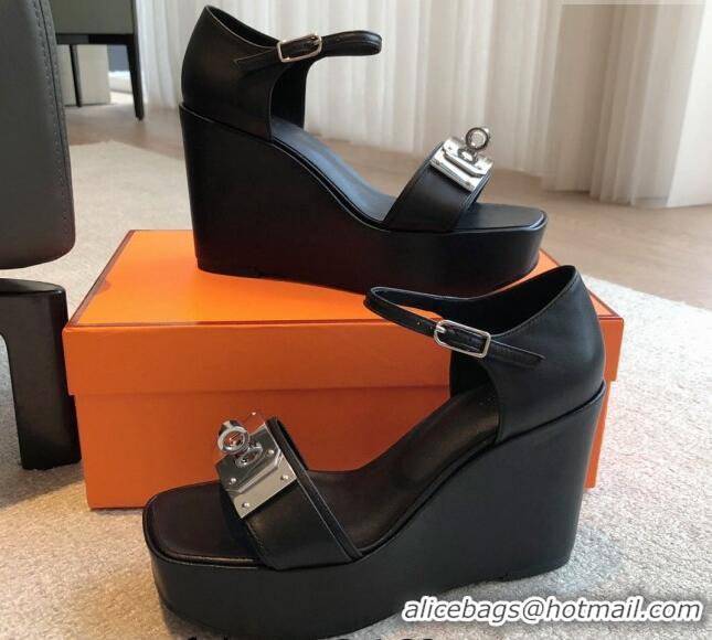 Purchase Hermes Hilda Calfskin Wedge Sandals with Kelly Buckle Black 425186