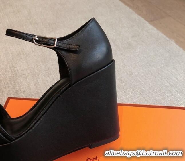 Purchase Hermes Hilda Calfskin Wedge Sandals with Kelly Buckle Black 425186