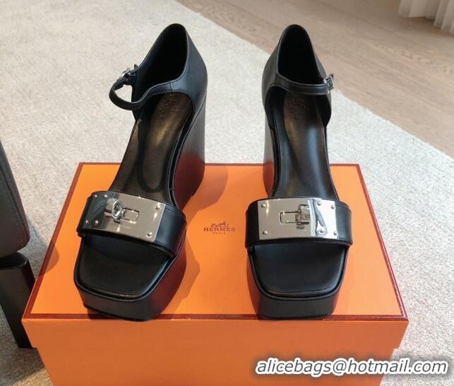 Purchase Hermes Hilda Calfskin Wedge Sandals with Kelly Buckle Black 425186