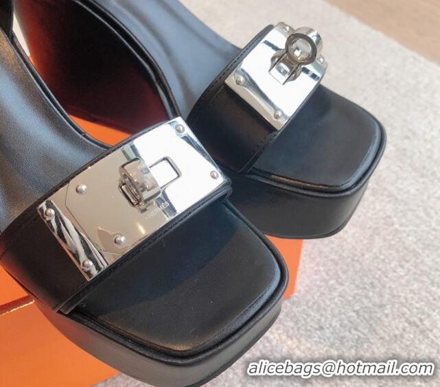 Purchase Hermes Hilda Calfskin Wedge Sandals with Kelly Buckle Black 425186