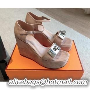 Stylish Hermes Hilda Suede Wedge Sandals with Kelly Buckle Pink 425182