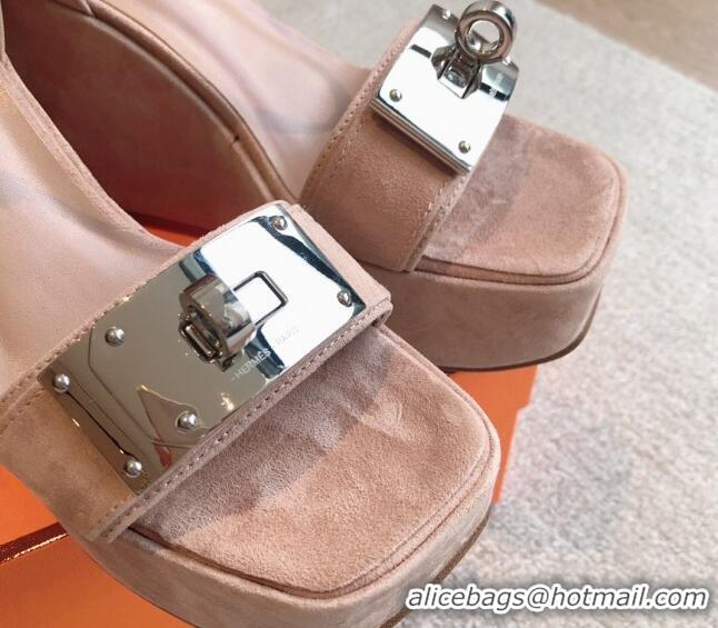 Stylish Hermes Hilda Suede Wedge Sandals with Kelly Buckle Pink 425182