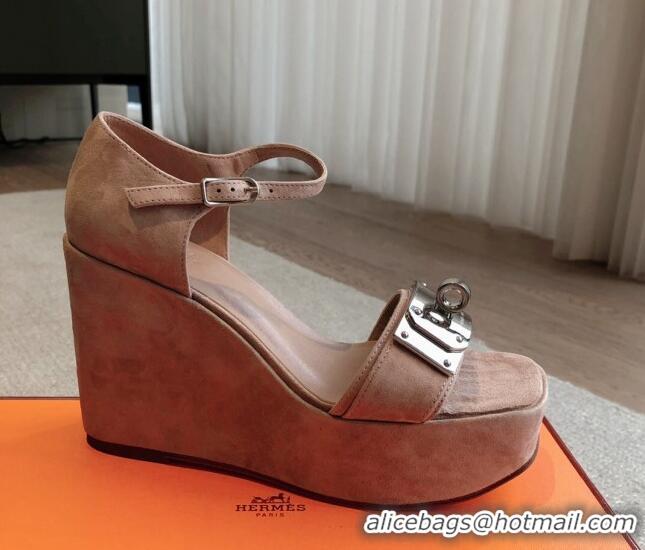 Stylish Hermes Hilda Suede Wedge Sandals with Kelly Buckle Pink 425182