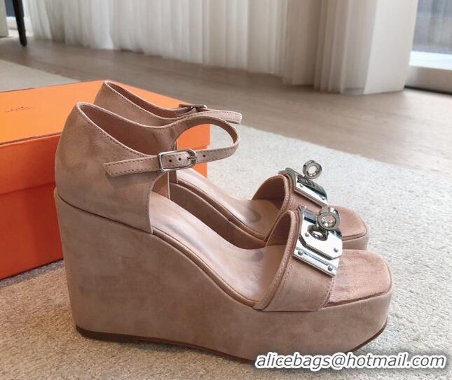 Stylish Hermes Hilda Suede Wedge Sandals with Kelly Buckle Pink 425182