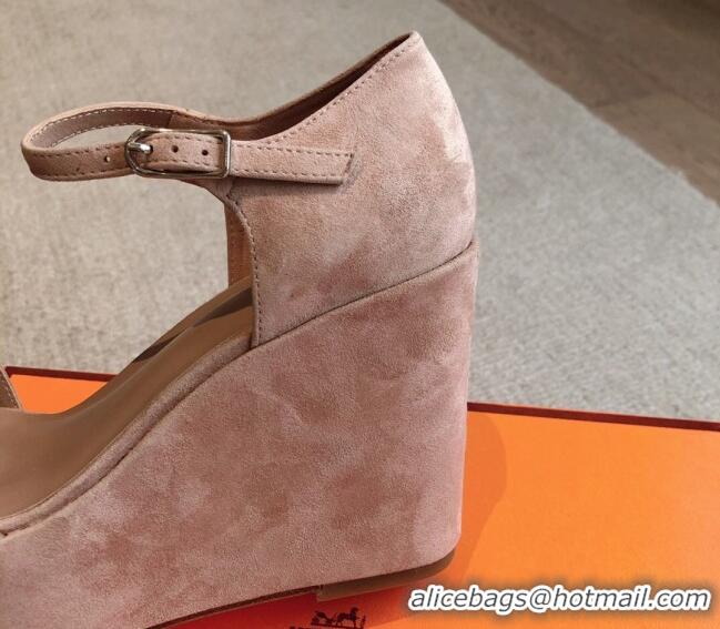 Stylish Hermes Hilda Suede Wedge Sandals with Kelly Buckle Pink 425182