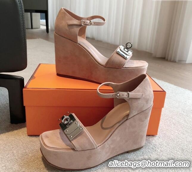 Stylish Hermes Hilda Suede Wedge Sandals with Kelly Buckle Pink 425182