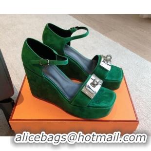 Top Grade Hermes Hilda Suede Wedge Sandals with Kelly Buckle Green 425183