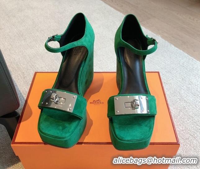 Top Grade Hermes Hilda Suede Wedge Sandals with Kelly Buckle Green 425183