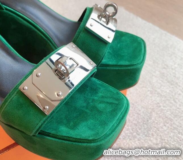 Top Grade Hermes Hilda Suede Wedge Sandals with Kelly Buckle Green 425183