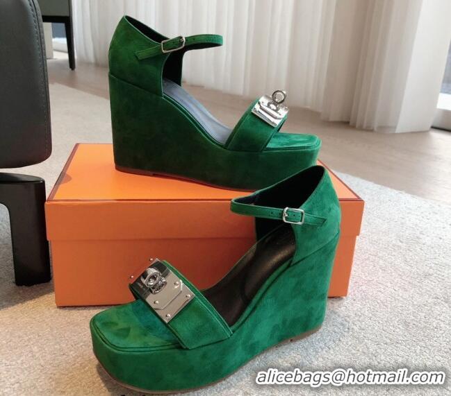 Top Grade Hermes Hilda Suede Wedge Sandals with Kelly Buckle Green 425183