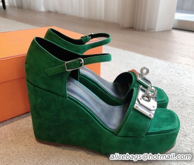 Top Grade Hermes Hilda Suede Wedge Sandals with Kelly Buckle Green 425183