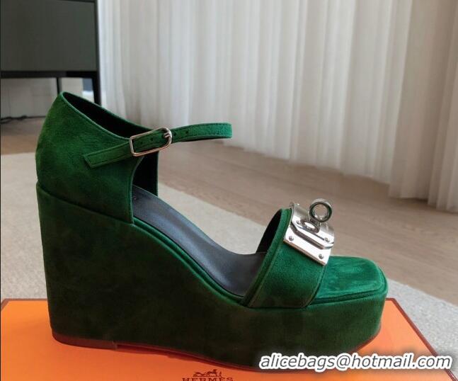 Top Grade Hermes Hilda Suede Wedge Sandals with Kelly Buckle Green 425183