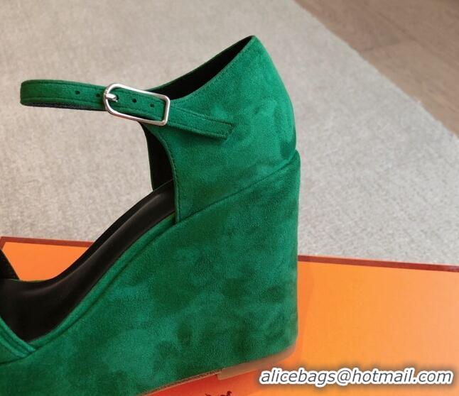 Top Grade Hermes Hilda Suede Wedge Sandals with Kelly Buckle Green 425183