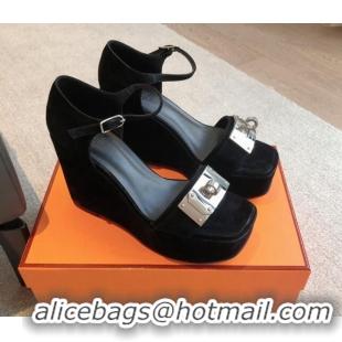 Stylish Hermes Hilda Suede Wedge Sandals with Kelly Buckle Black 425184