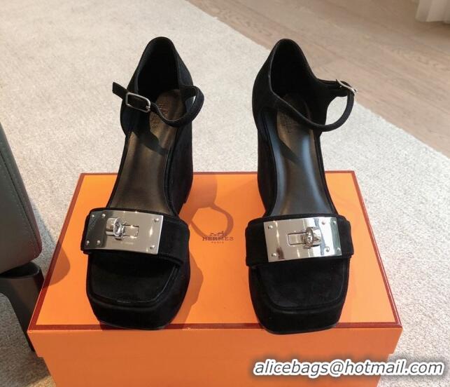 Stylish Hermes Hilda Suede Wedge Sandals with Kelly Buckle Black 425184