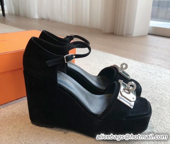 Stylish Hermes Hilda Suede Wedge Sandals with Kelly Buckle Black 425184