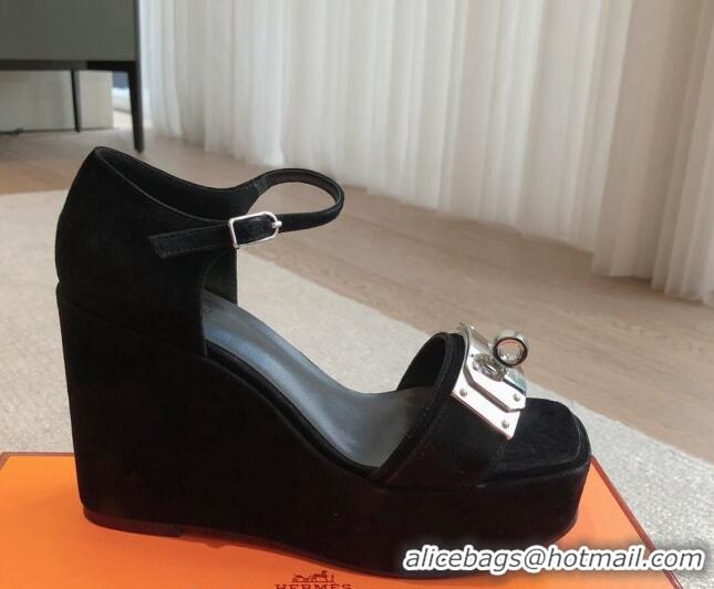 Stylish Hermes Hilda Suede Wedge Sandals with Kelly Buckle Black 425184