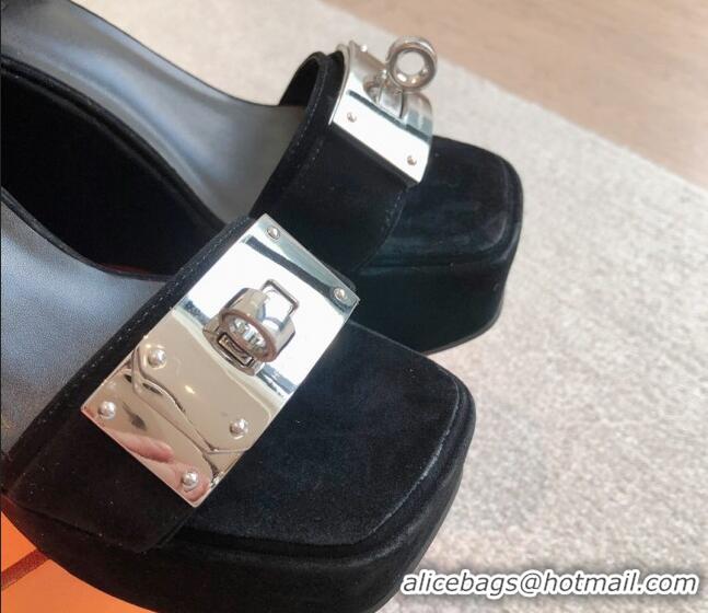 Stylish Hermes Hilda Suede Wedge Sandals with Kelly Buckle Black 425184