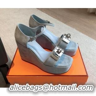 Good Looking Hermes Hilda Suede Wedge Sandals with Kelly Buckle Grey 425185