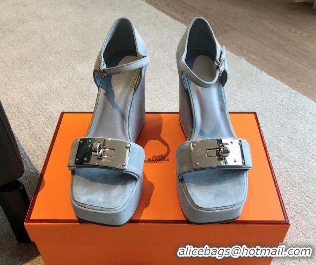 Good Looking Hermes Hilda Suede Wedge Sandals with Kelly Buckle Grey 425185