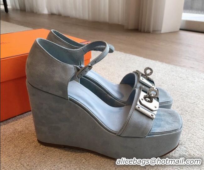 Good Looking Hermes Hilda Suede Wedge Sandals with Kelly Buckle Grey 425185