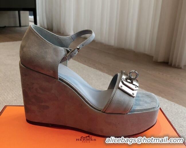 Good Looking Hermes Hilda Suede Wedge Sandals with Kelly Buckle Grey 425185