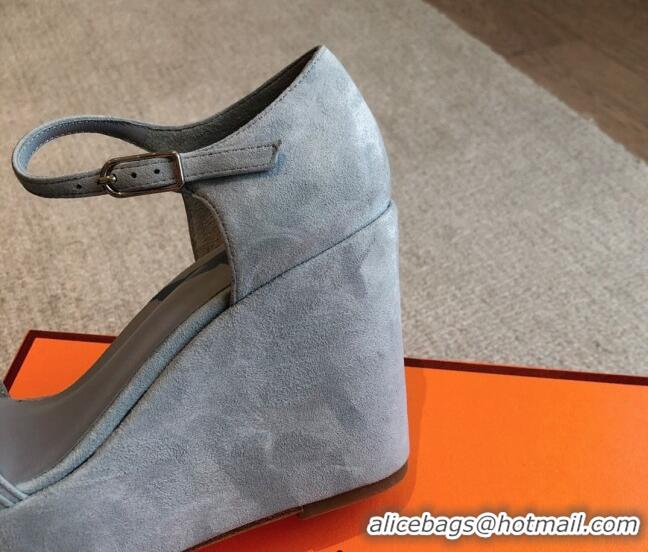 Good Looking Hermes Hilda Suede Wedge Sandals with Kelly Buckle Grey 425185