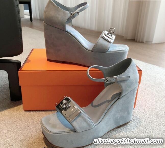 Good Looking Hermes Hilda Suede Wedge Sandals with Kelly Buckle Grey 425185