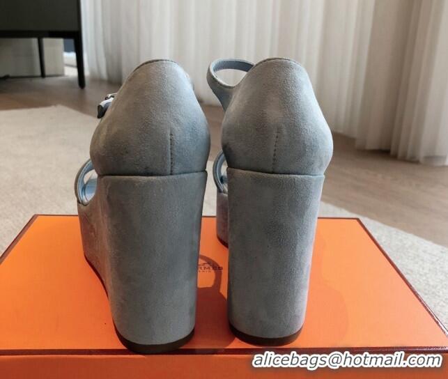 Good Looking Hermes Hilda Suede Wedge Sandals with Kelly Buckle Grey 425185