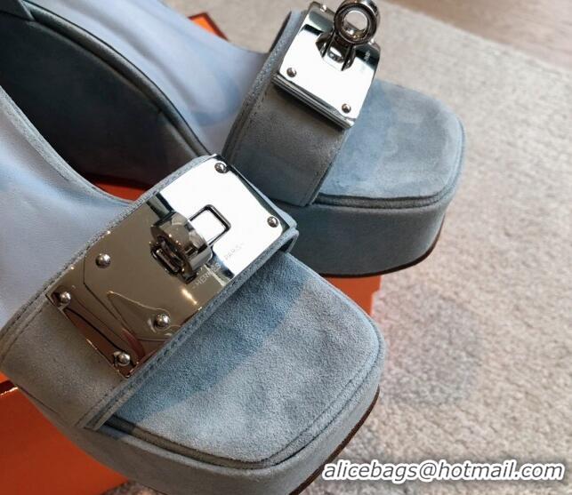 Good Looking Hermes Hilda Suede Wedge Sandals with Kelly Buckle Grey 425185