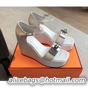 Sophisticated Hermes Hilda Calfskin Wedge Sandals with Kelly Buckle White 425188