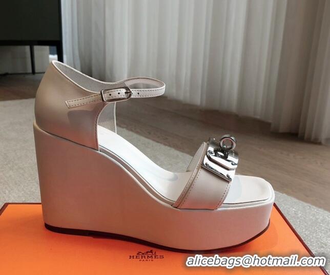 Sophisticated Hermes Hilda Calfskin Wedge Sandals with Kelly Buckle White 425188