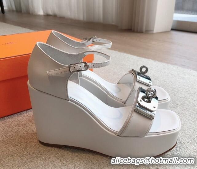 Sophisticated Hermes Hilda Calfskin Wedge Sandals with Kelly Buckle White 425188