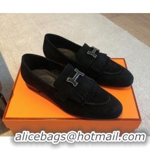 Best Product Hermes Royal Loafers in Suede with Fringe Black 425189