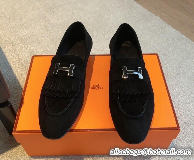 Best Product Hermes Royal Loafers in Suede with Fringe Black 425189