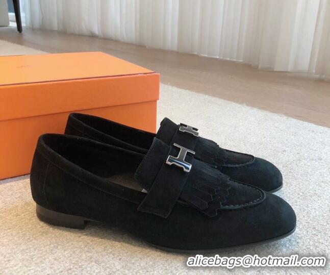 Best Product Hermes Royal Loafers in Suede with Fringe Black 425189