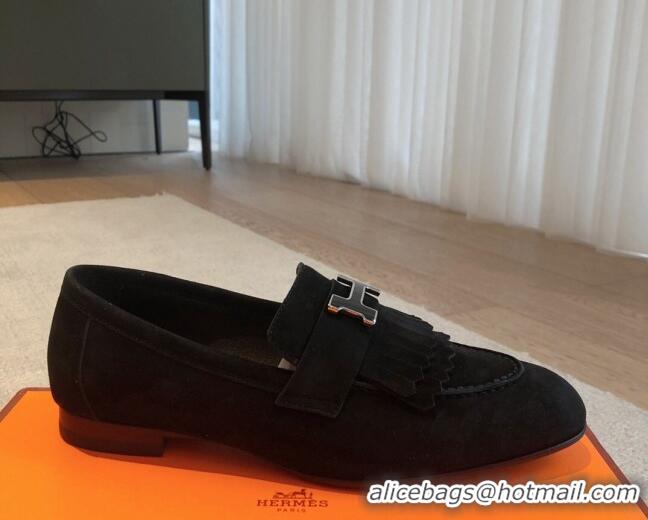 Best Product Hermes Royal Loafers in Suede with Fringe Black 425189