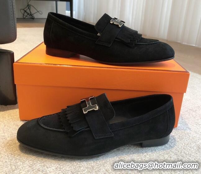 Best Product Hermes Royal Loafers in Suede with Fringe Black 425189